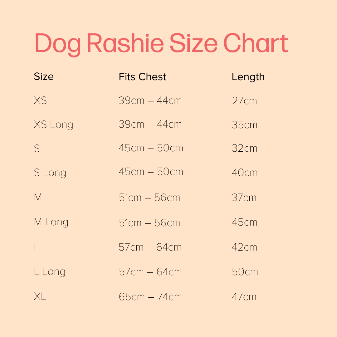 Sun protective dog rashie size chart guide